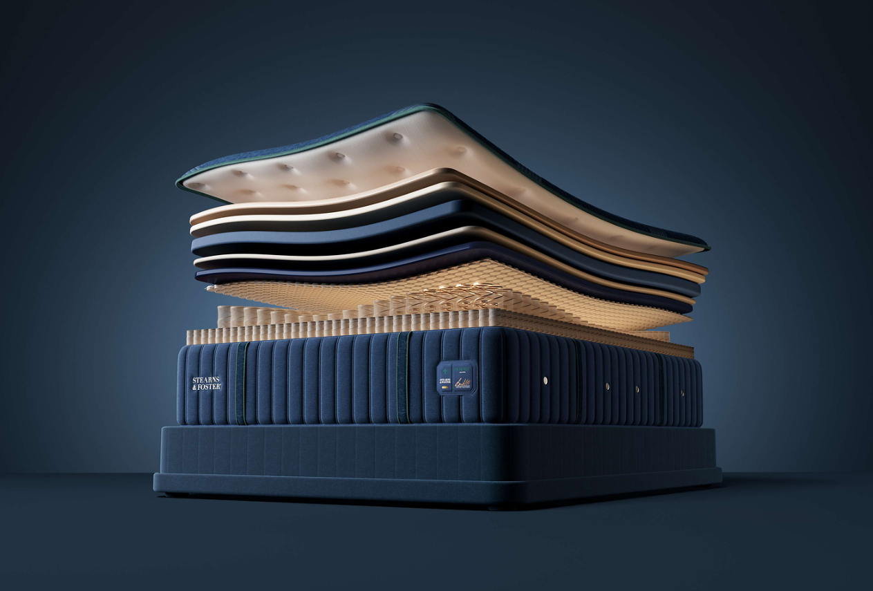 Exploded view of Stearns & Foster mattress comfort layers and IntelliCoil support system.